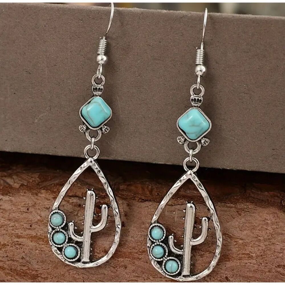Western Vintage Inspired Teardrop Cactus Earrings Turquoise Boho Hippie Cowgirl - Picture 2 of 5
